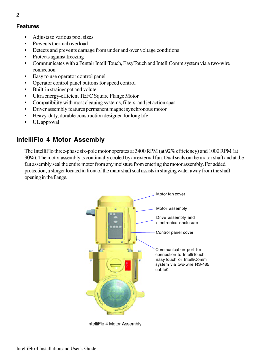 Pentair 100, 4 160 important safety instructions IntelliFlo 4 Motor Assembly, Features 