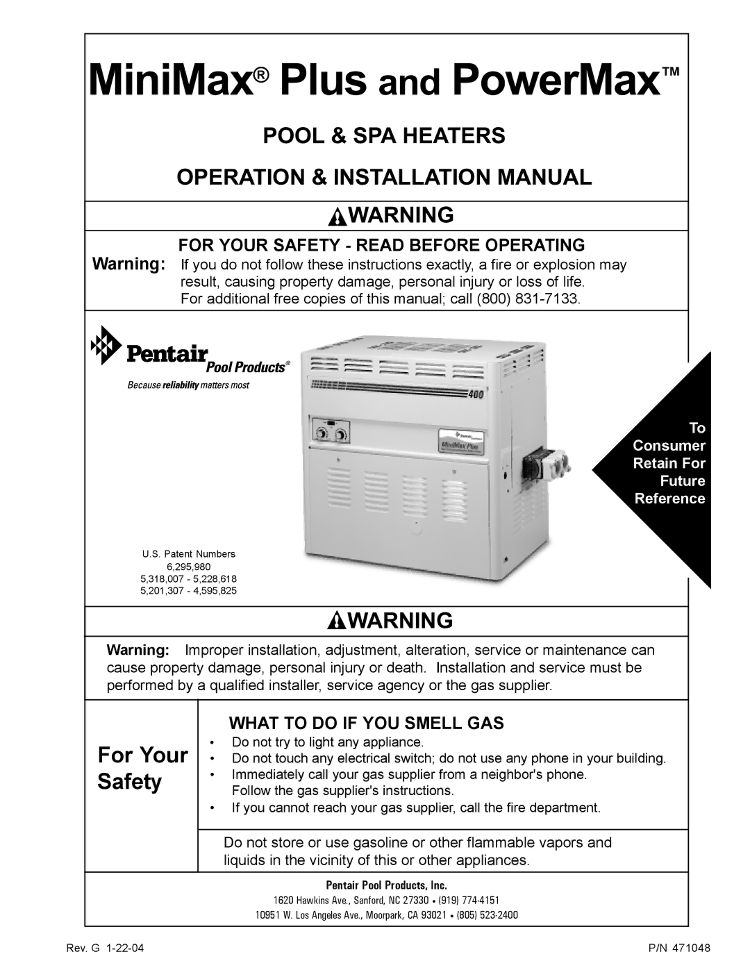 Pentair 100 installation manual For Your Safety Read Before Operating, What to do if YOU Smell GAS 