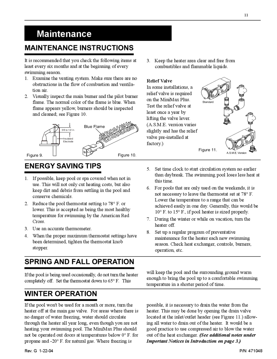 Pentair 100 installation manual Maintenance Instructions, Energy Saving Tips, Spring and Fall Operation, Winter Operation 