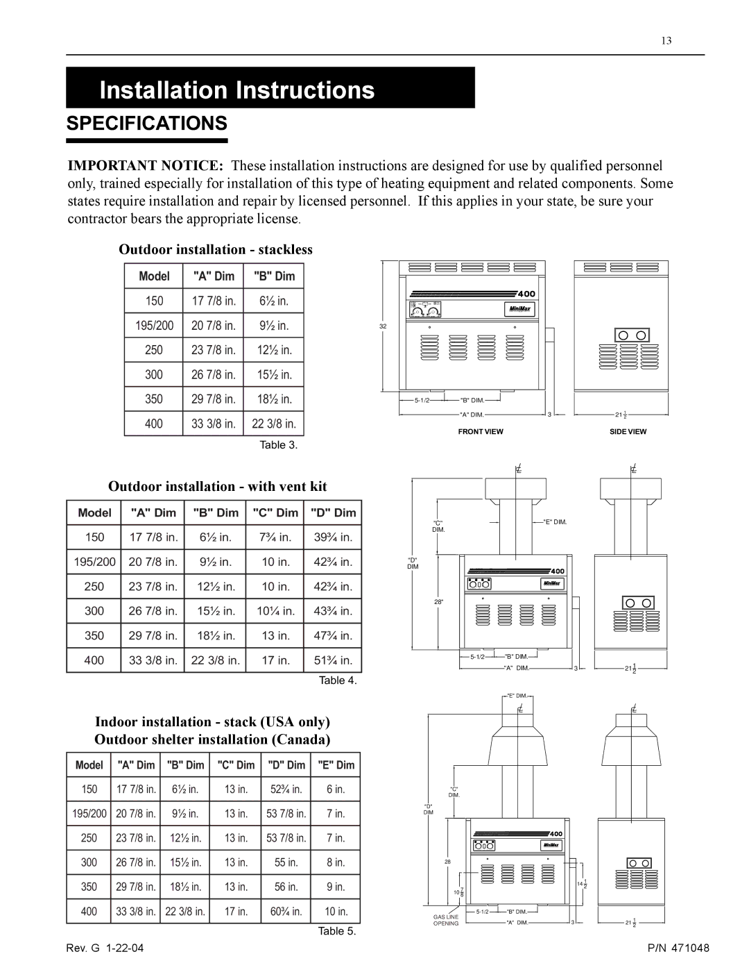 Pentair 100 installation manual Installation Instructions, Specifications 