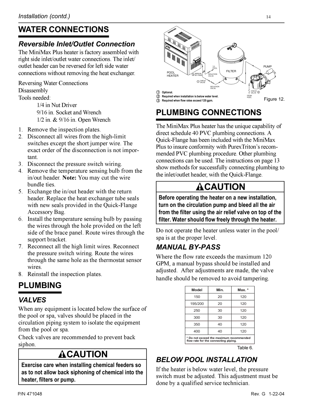 Pentair 100 installation manual Water Connections, Plumbing Connections 