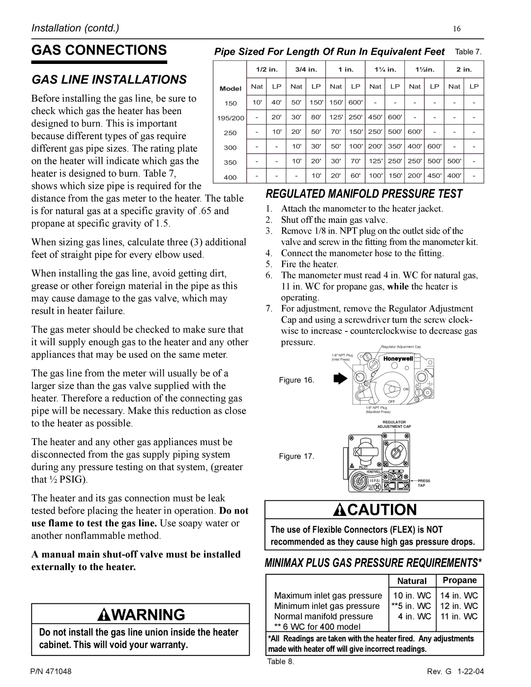 Pentair 100 installation manual GAS Connections, GAS Line Installations 