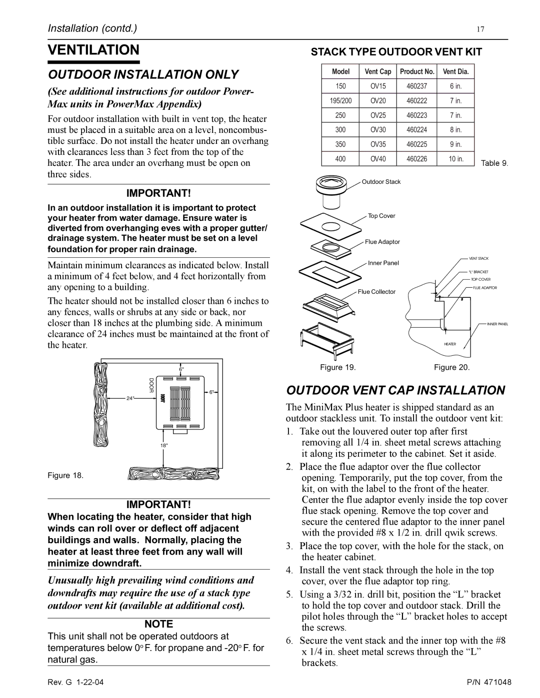 Pentair 100 installation manual Ventilation, Outdoor Installation only, Outdoor Vent CAP Installation 