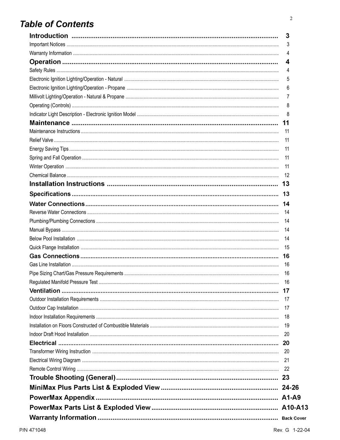 Pentair 100 installation manual Table of Contents 