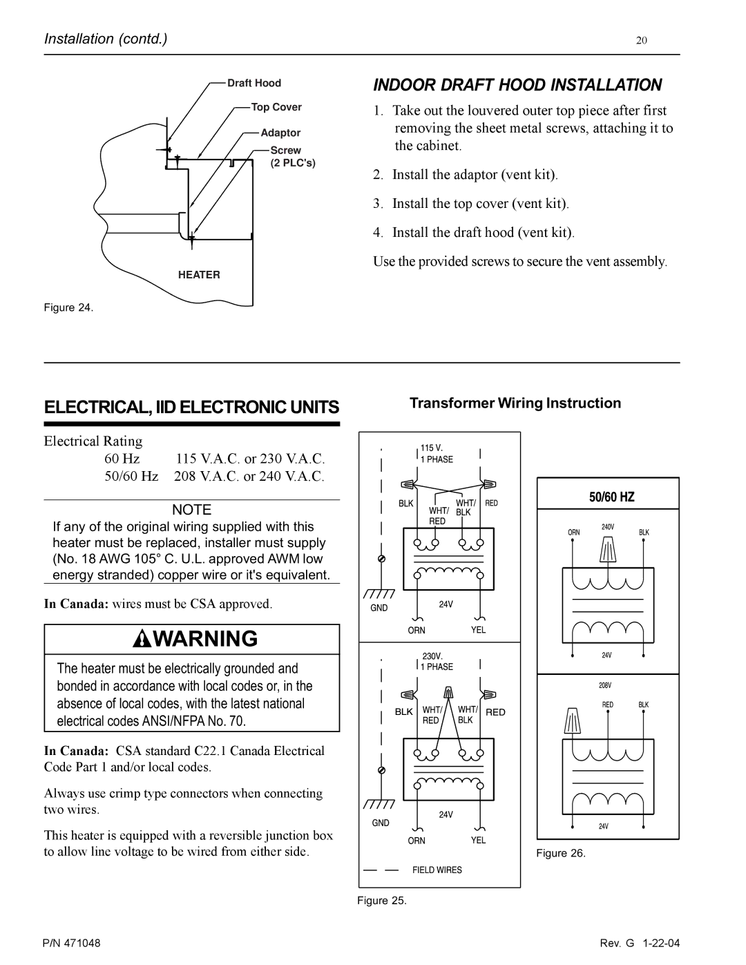 Pentair 100 installation manual Indoor Draft Hood Installation, Transformer Wiring Instruction 