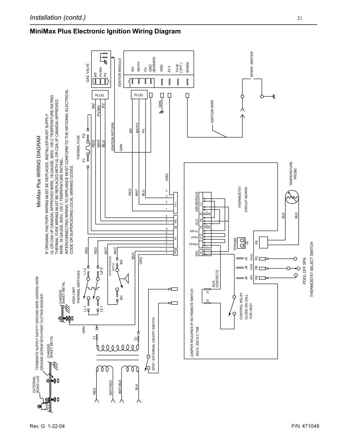 Pentair 100 installation manual MiniMax Plus Electronic Installation contd, Ignition Wiring Diagram 