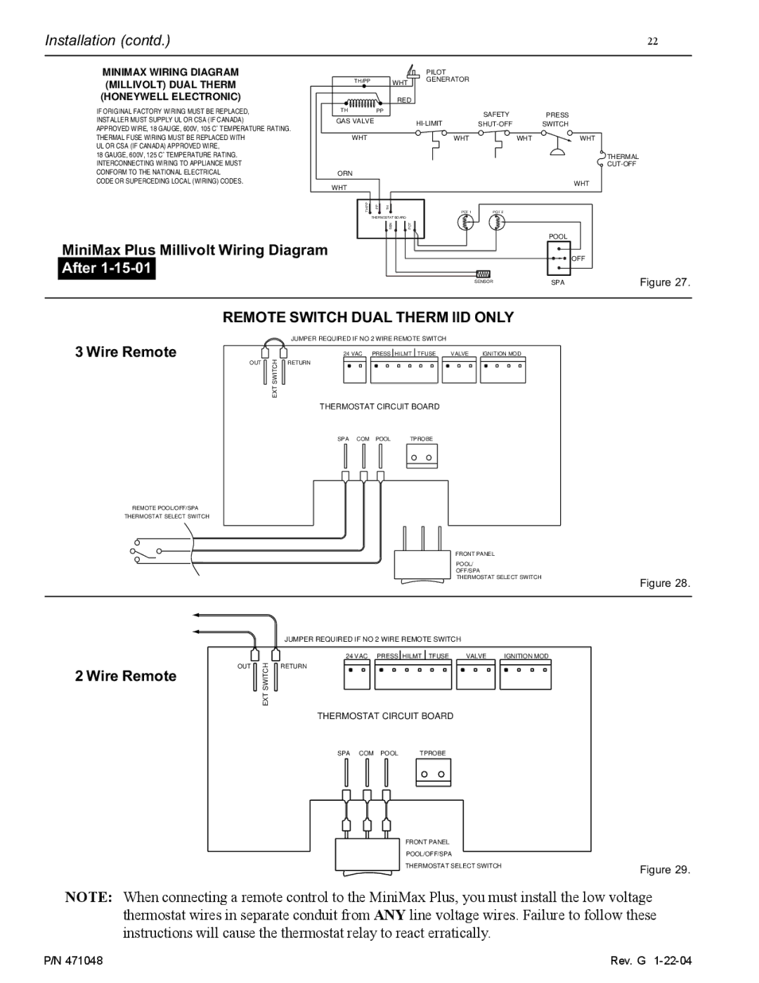 Pentair 100 installation manual MiniMax Plus Millivolt Wiring Diagram, Wire Remote 