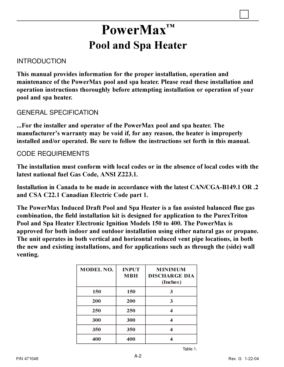 Pentair 100 installation manual Introduction, General Specification, Code Requirements 