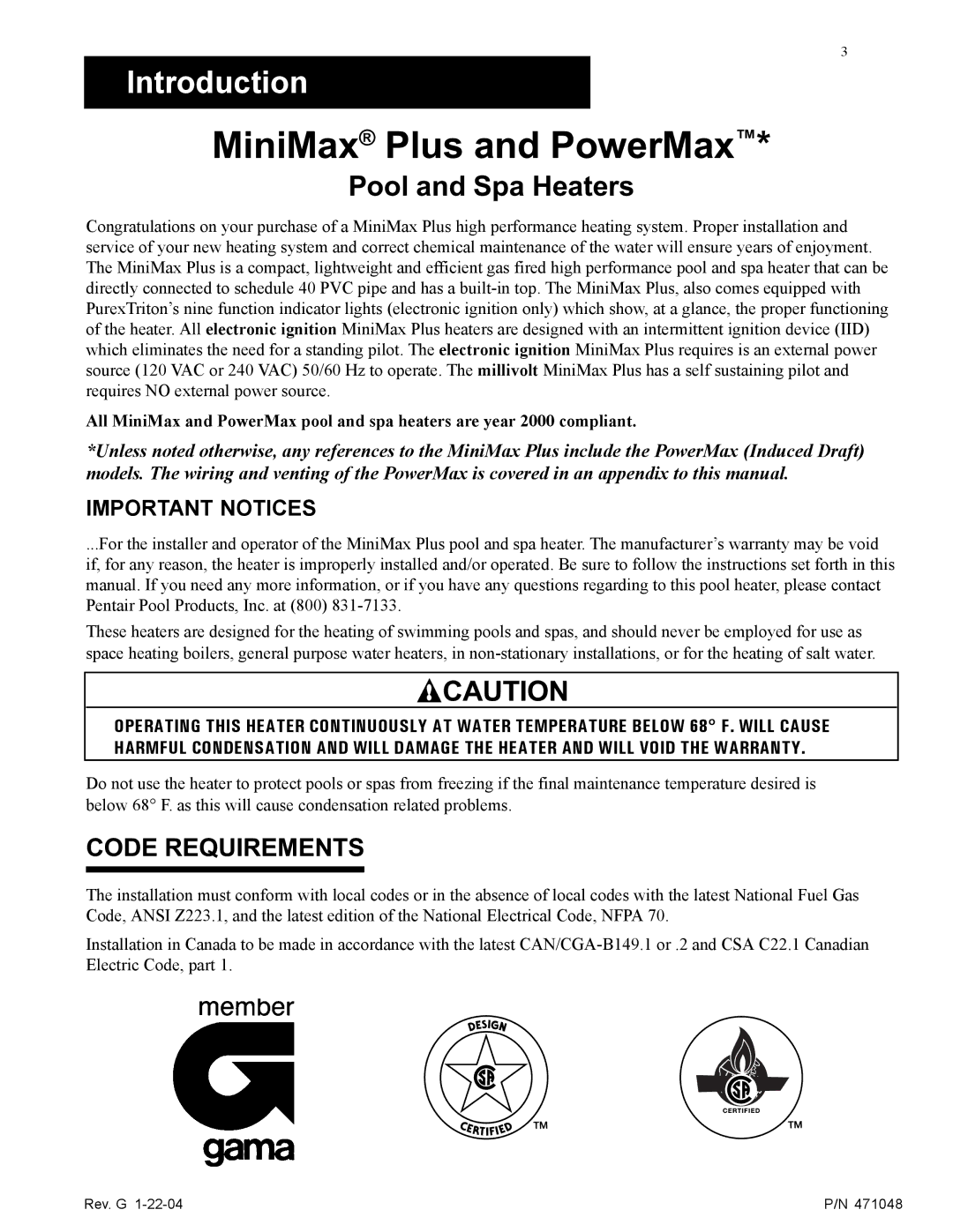 Pentair 100 installation manual Code Requirements, Important Notices 