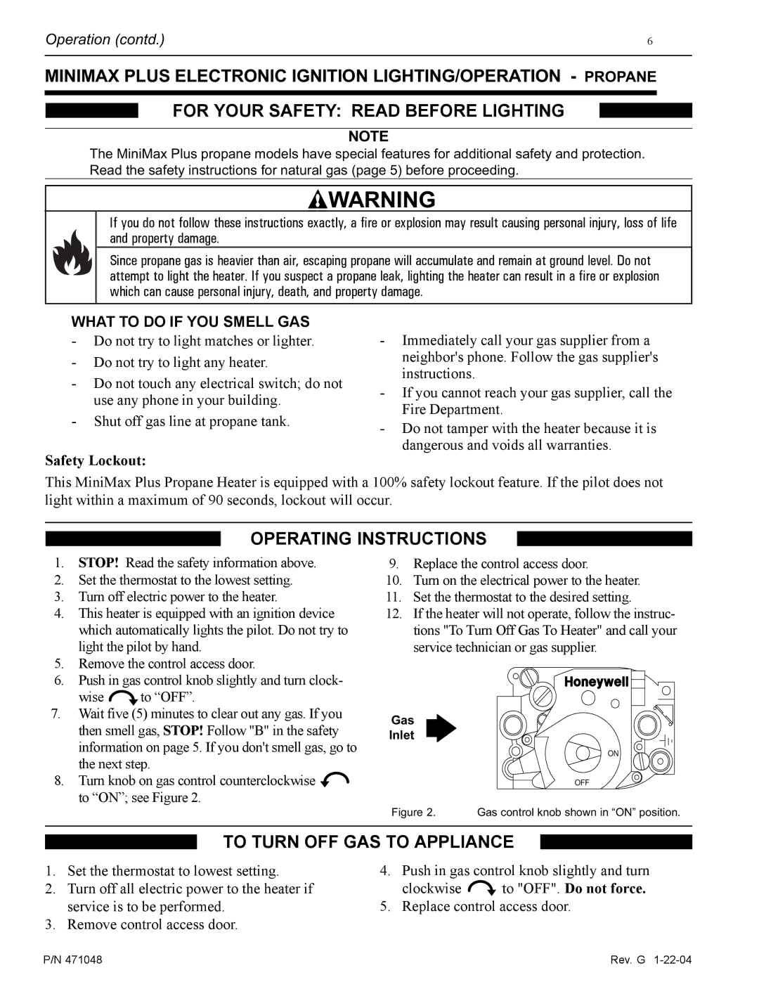 Pentair 100 installation manual Minimax Plus Electronic Ignition LIGHTING/OPERATION Propane, Safety Lockout 