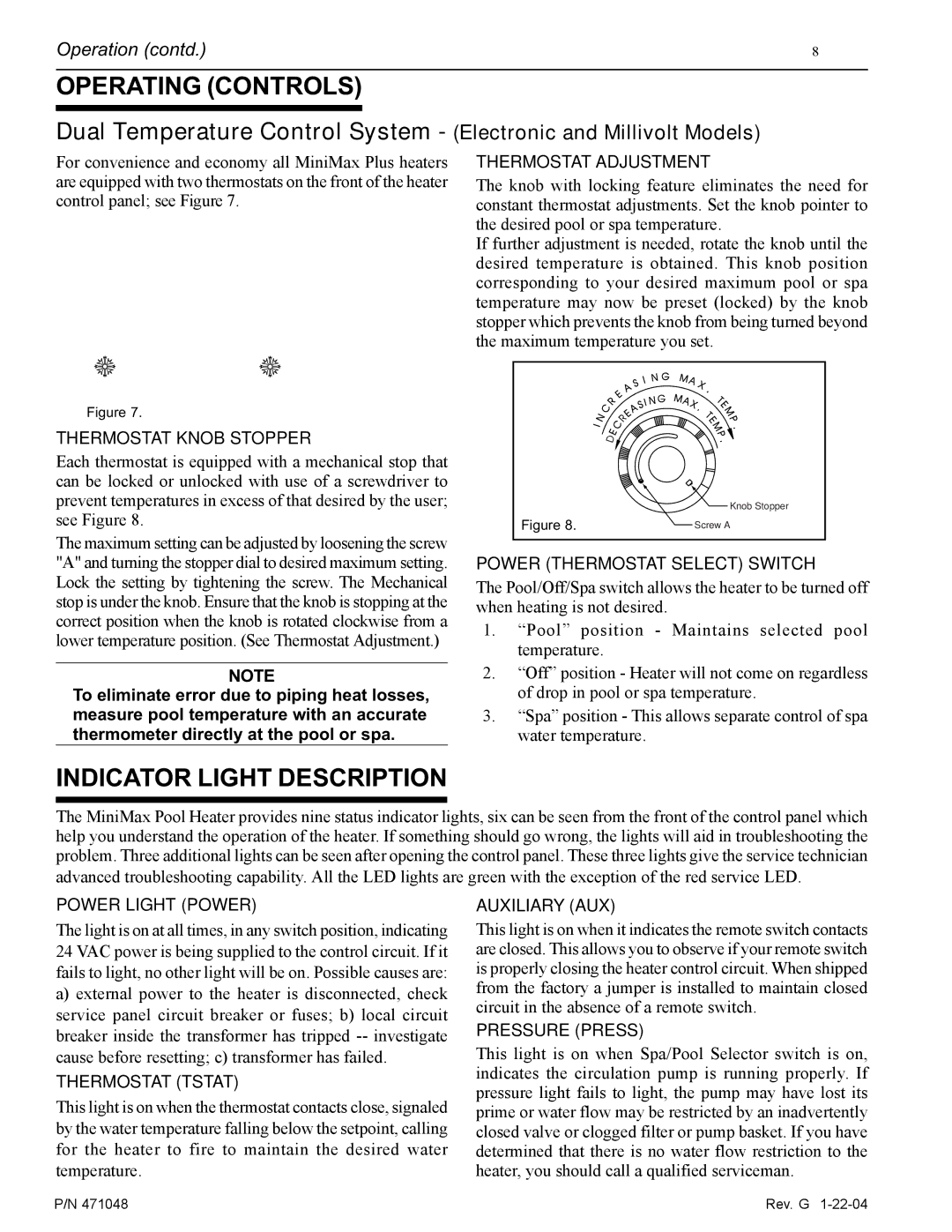 Pentair 100 installation manual Operating Controls, Indicator Light Description 