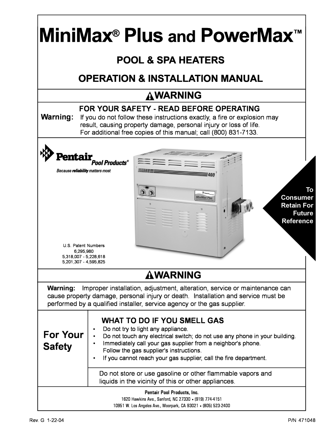 Pentair 100 installation manual MiniMax Plus and PowerMax, Pool & Spa Heaters Operation & Installation Manual 