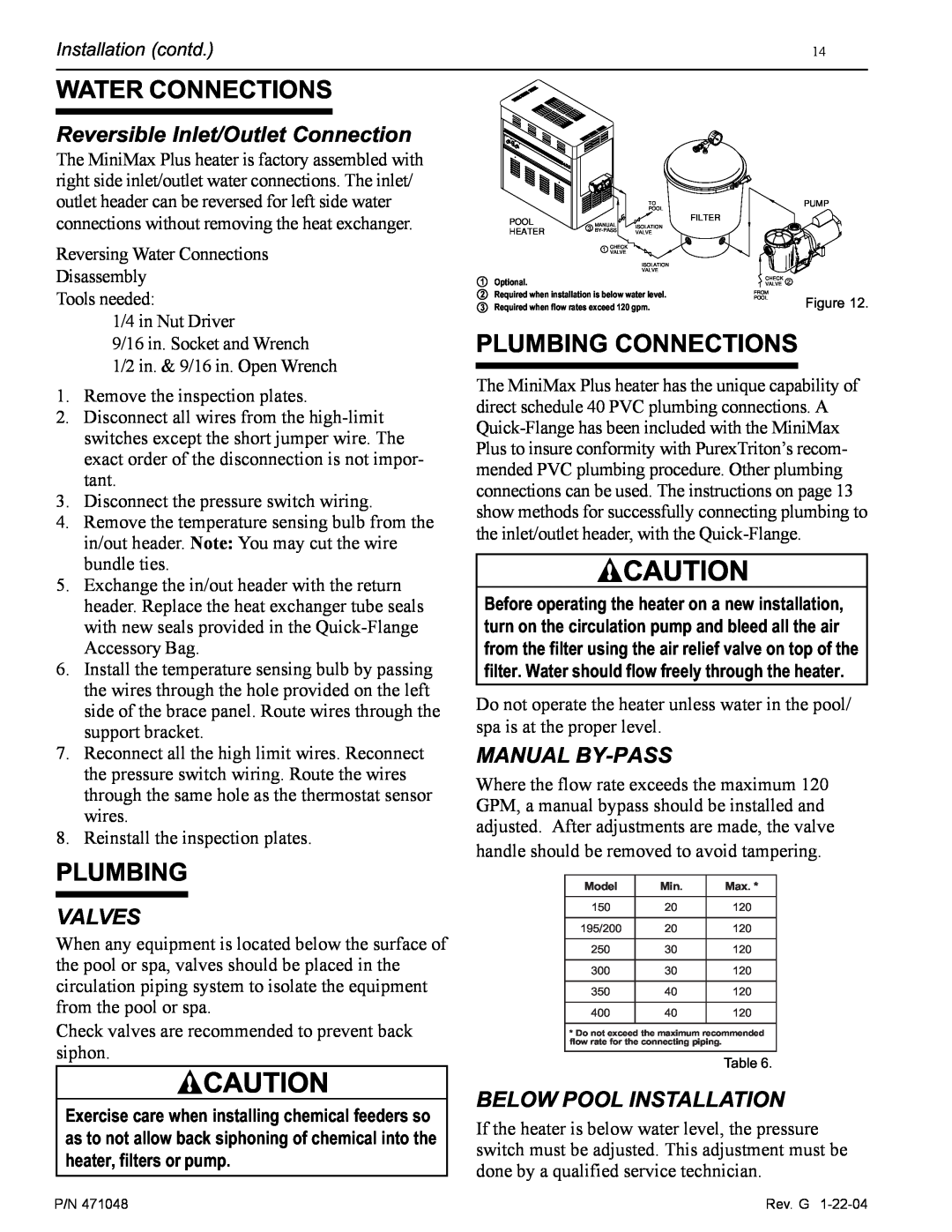 Pentair 100 Water Connections, Plumbing Connections, Reversible Inlet/Outlet Connection, Valves, Manual By-Pass 