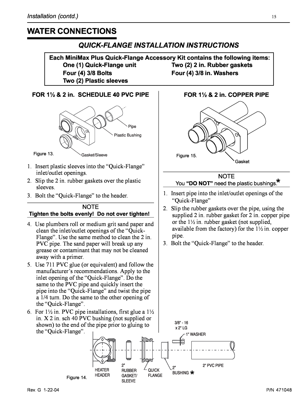Pentair 100 Water Connections, Quick-Flange Installation Instructions, Tighten the bolts evenly! Do not over tighten 