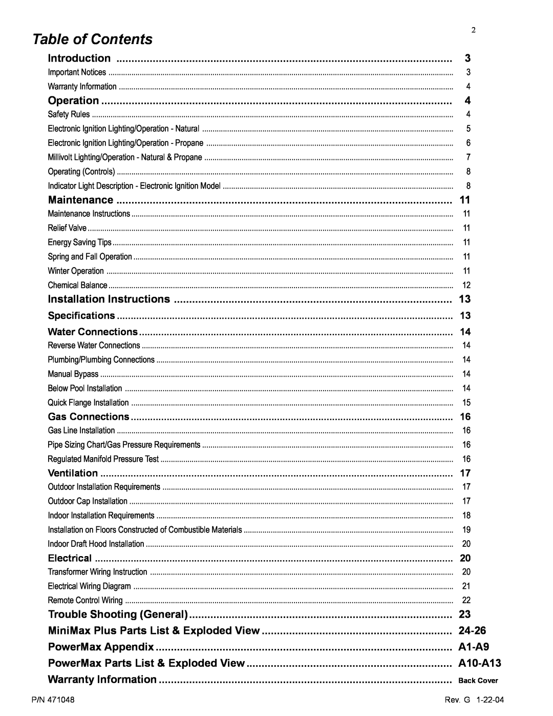 Pentair 100 installation manual Table of Contents 