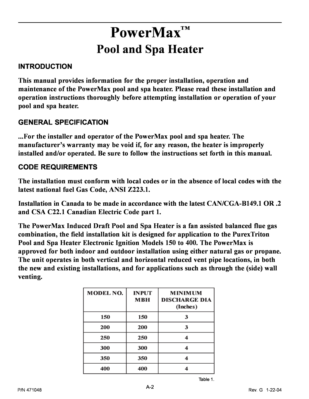 Pentair 100 installation manual PowerMax, Pool and Spa Heater 