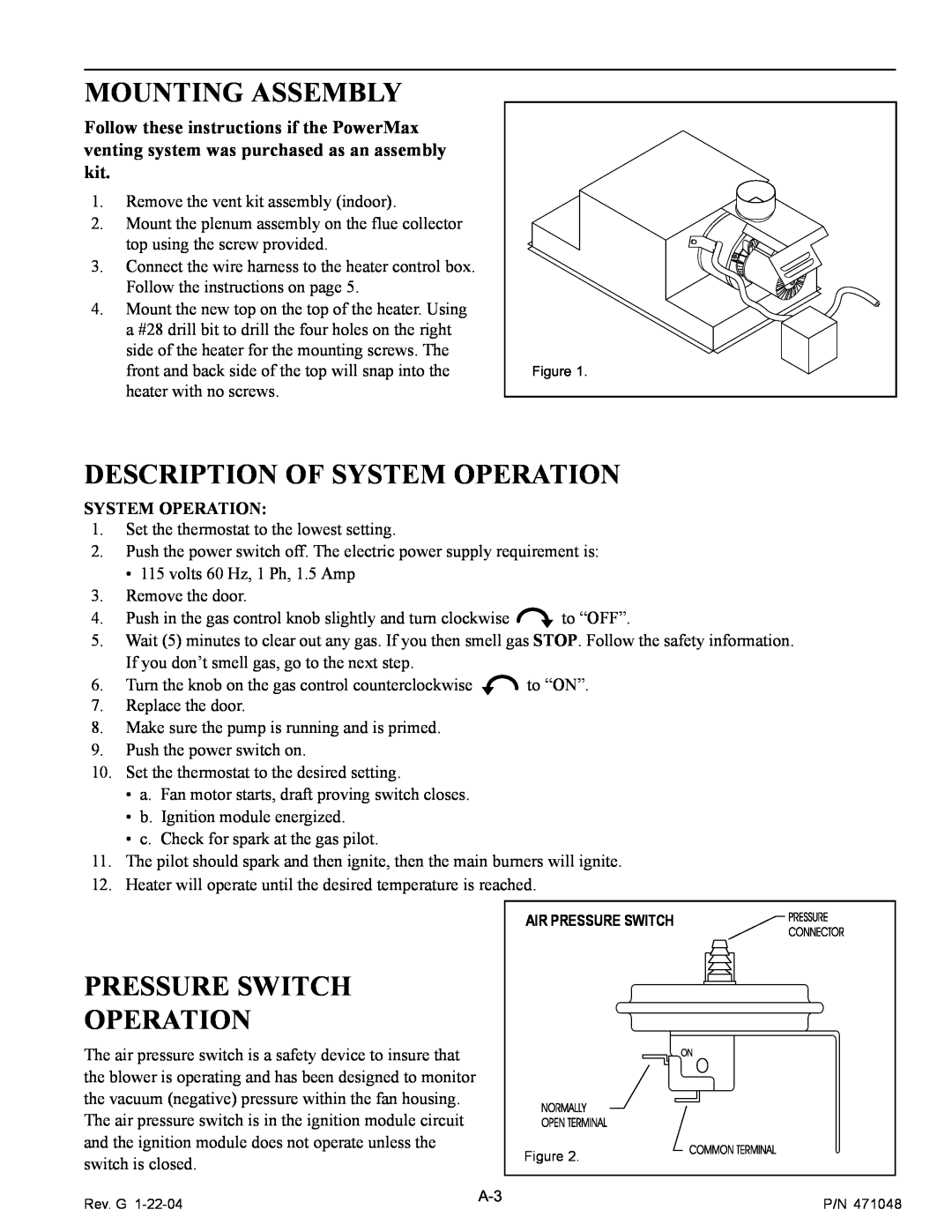 Pentair 100 installation manual Mounting Assembly, Description Of System Operation, Pressure Switch Operation 