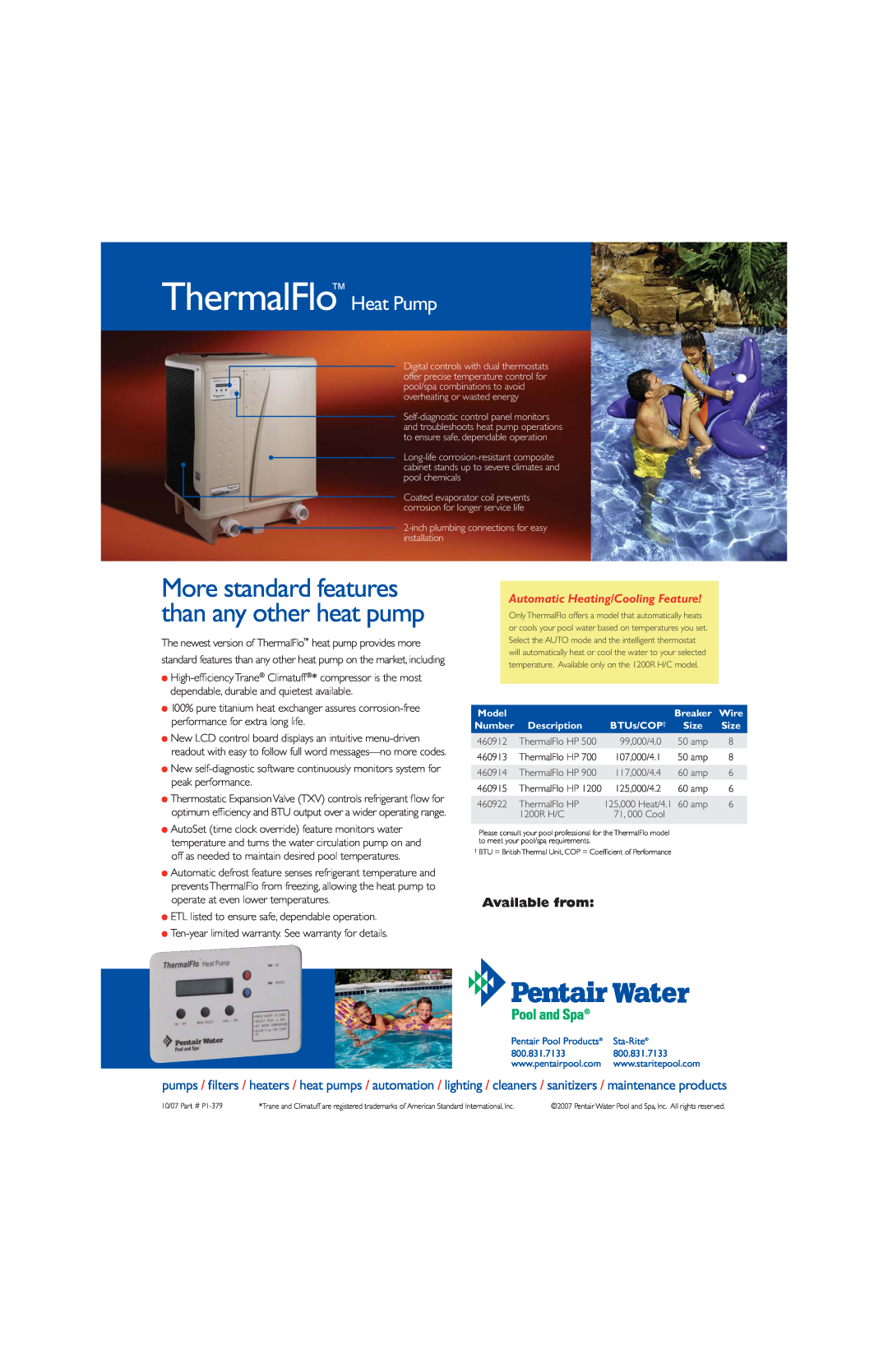 Pentair 1200R H/C manual ThermalFlo Heat Pump, Available from, More standard features than any other heat pump 