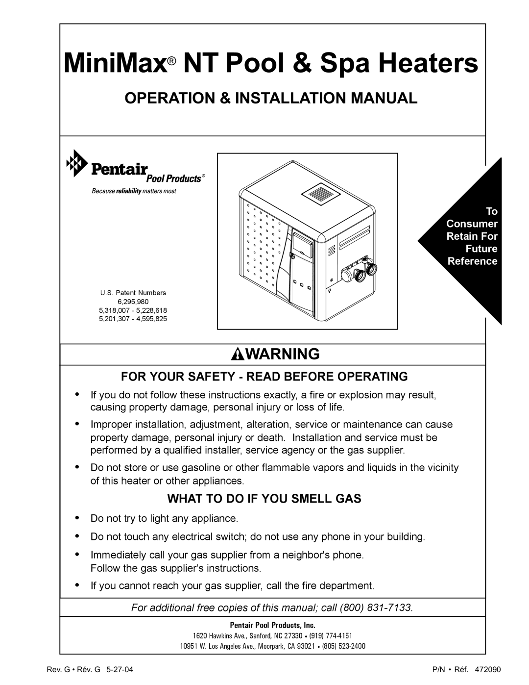 Pentair 200 installation manual MiniMax NT Pool & Spa Heaters 
