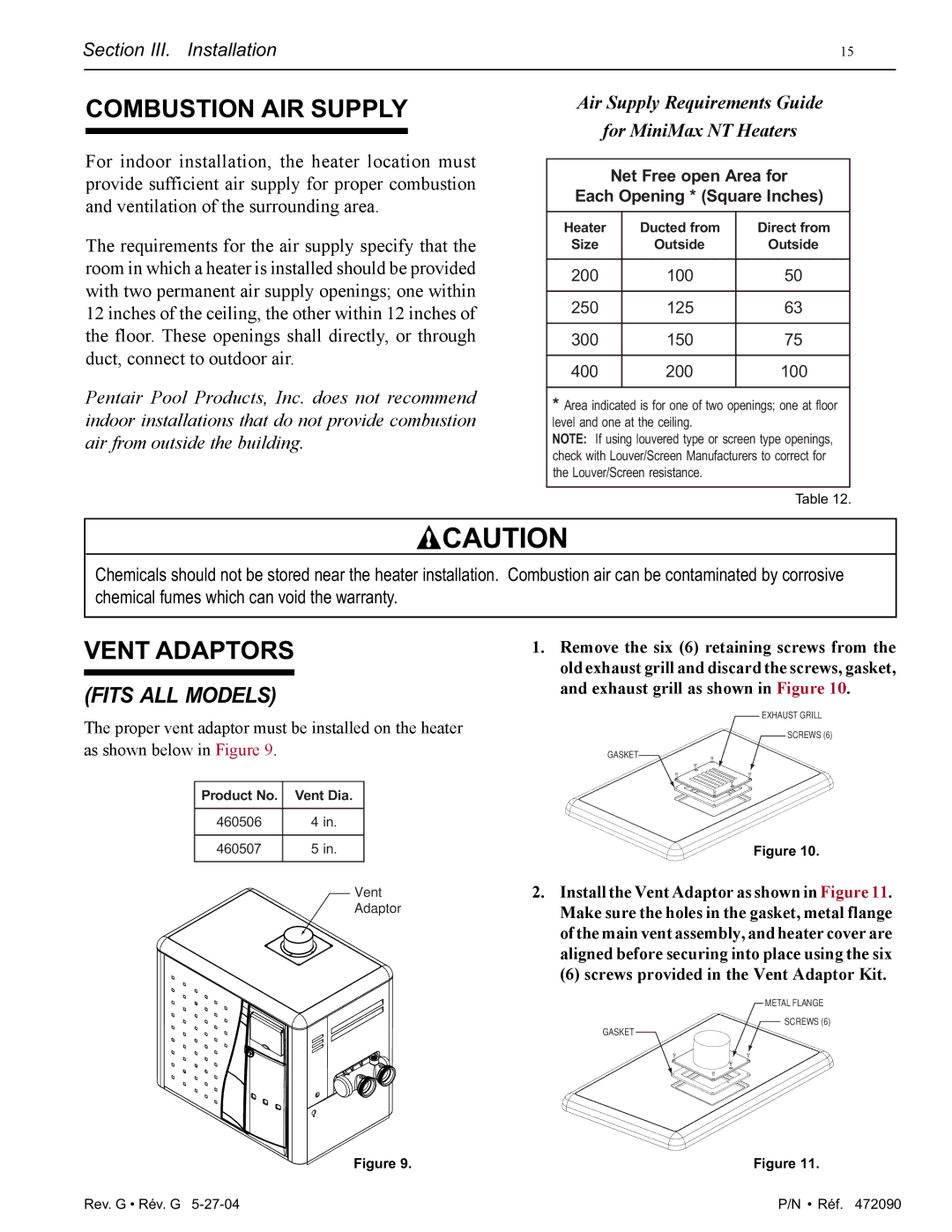 Pentair 200 installation manual Combustion AIR Supply, Vent Adaptors, Fits ALL Models 