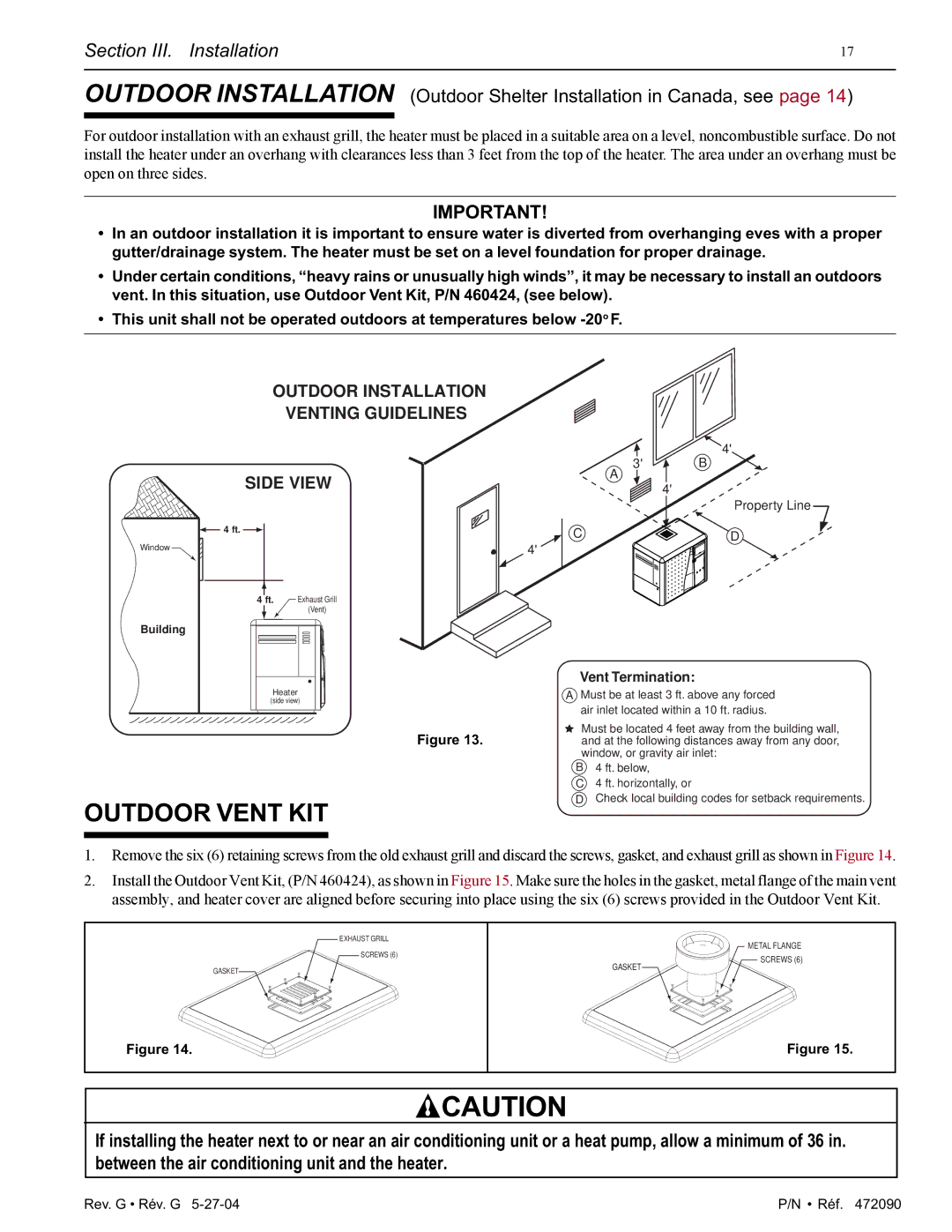 Pentair 200 installation manual Outdoor Vent KIT, Outdoor Installation Venting Guidelines Side View 