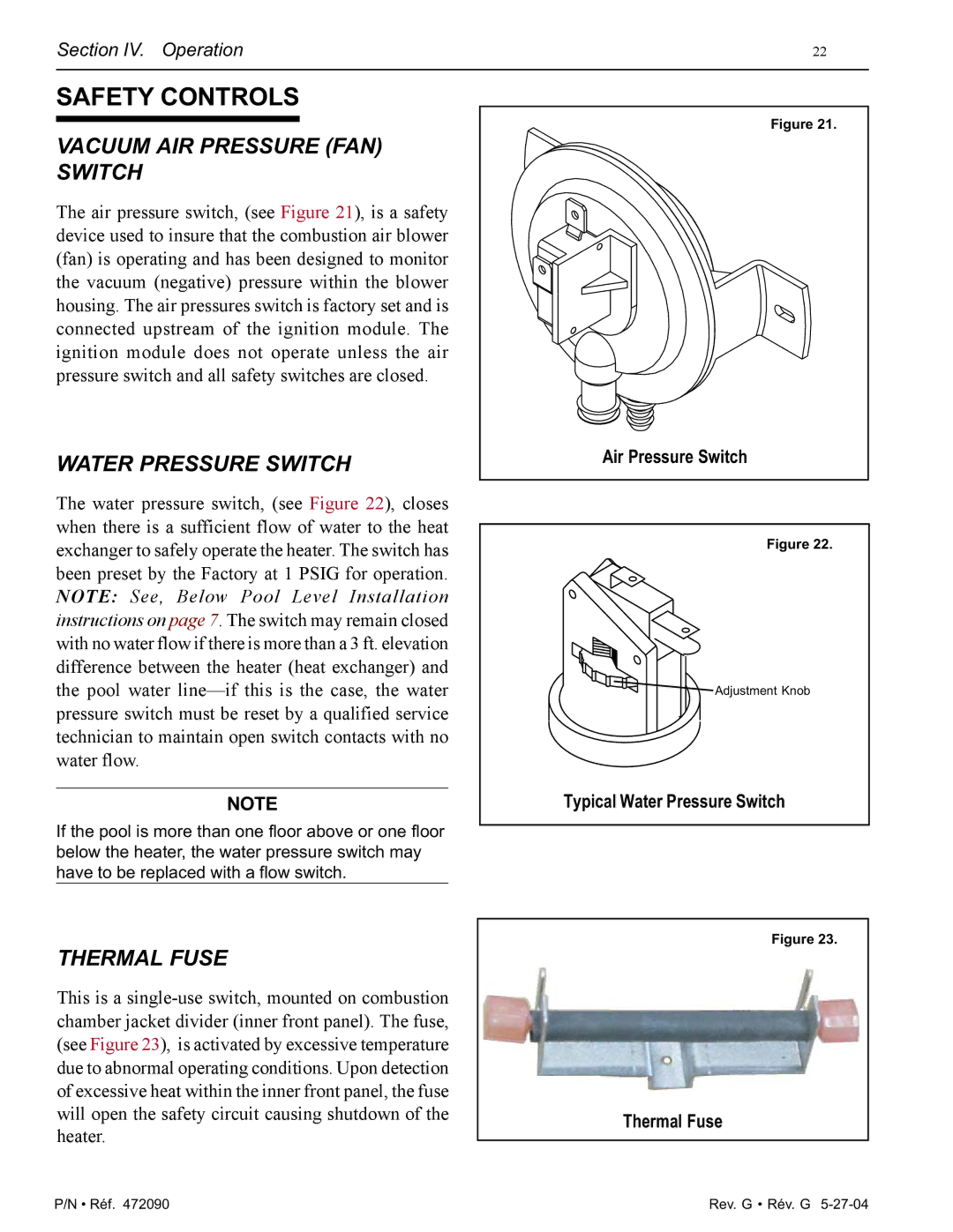 Pentair 200 installation manual Safety Controls, Vacuum AIR Pressure FAN Switch, Water Pressure Switch, Thermal Fuse 