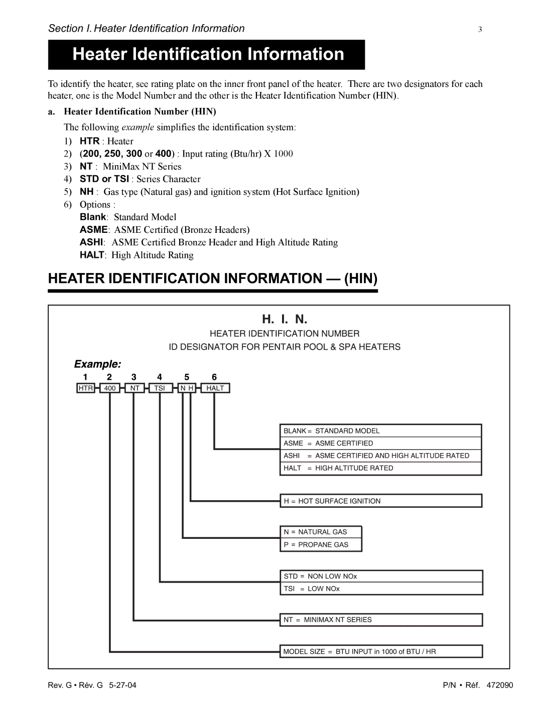 Pentair 200 installation manual Heater Identification Information HIN 