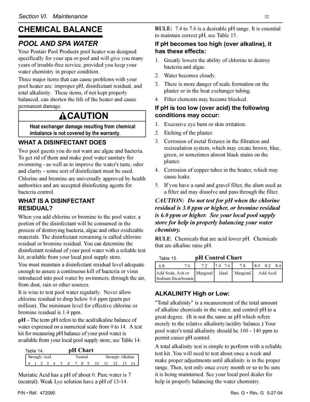 Pentair 200 installation manual Chemical Balance, Pool and SPA Water 