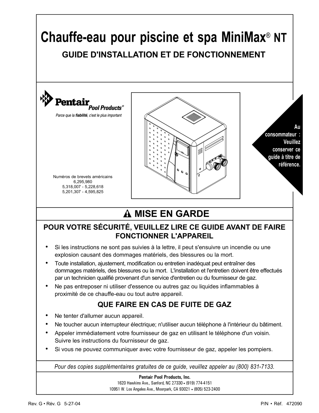 Pentair 200 installation manual Chauffe-eau pour piscine et spa MiniMax NT, Guide Dinstallation ET DE Fonctionnement 