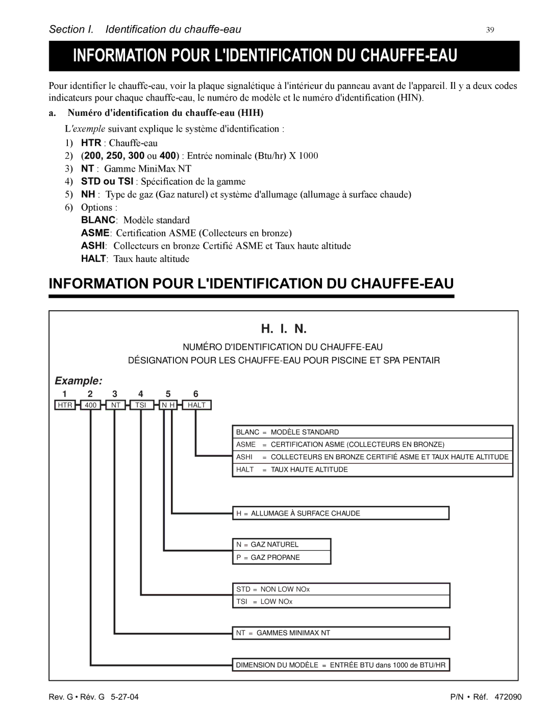 Pentair 200 installation manual Information Pour Lidentification DU CHAUFFE-EAU 