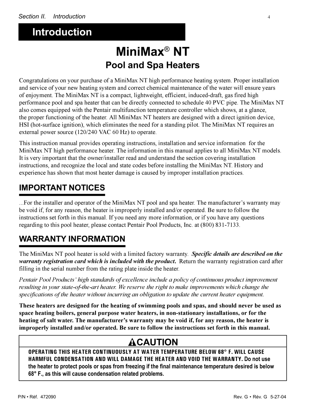 Pentair 200 installation manual Important Notices, Warranty Information 