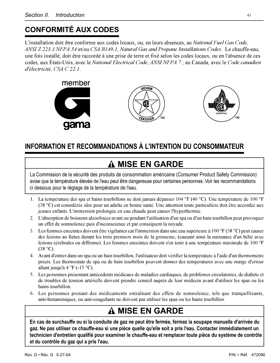 Pentair 200 installation manual Mise EN Garde, Conformité AUX Codes 