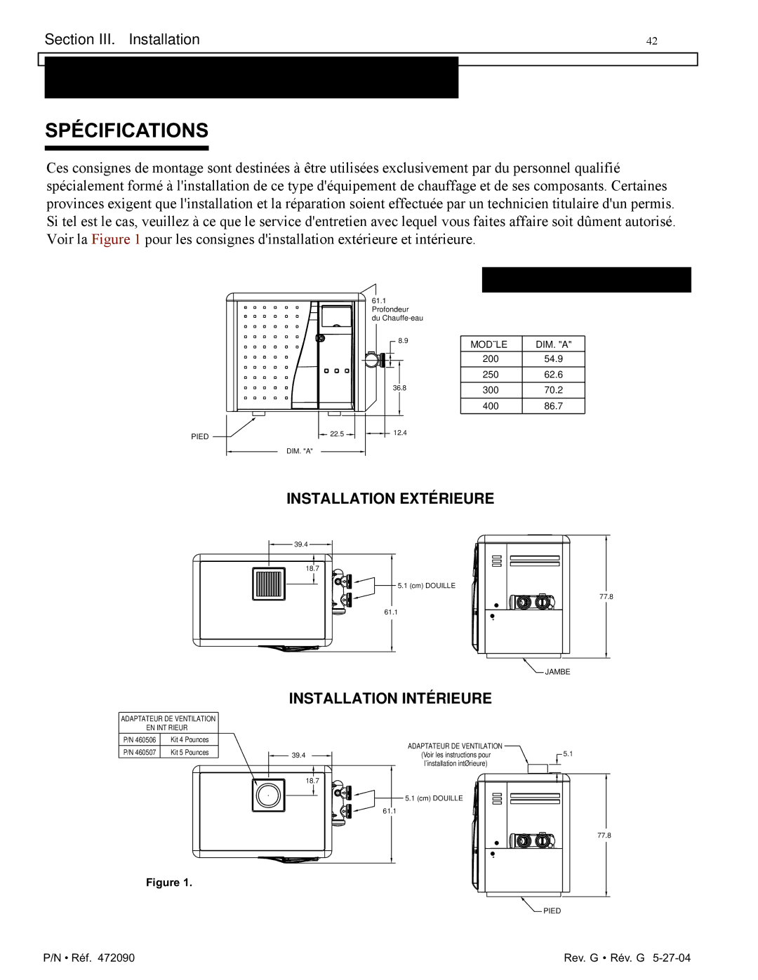 Pentair 200 installation manual Consignes dinstallations, Spécifications 