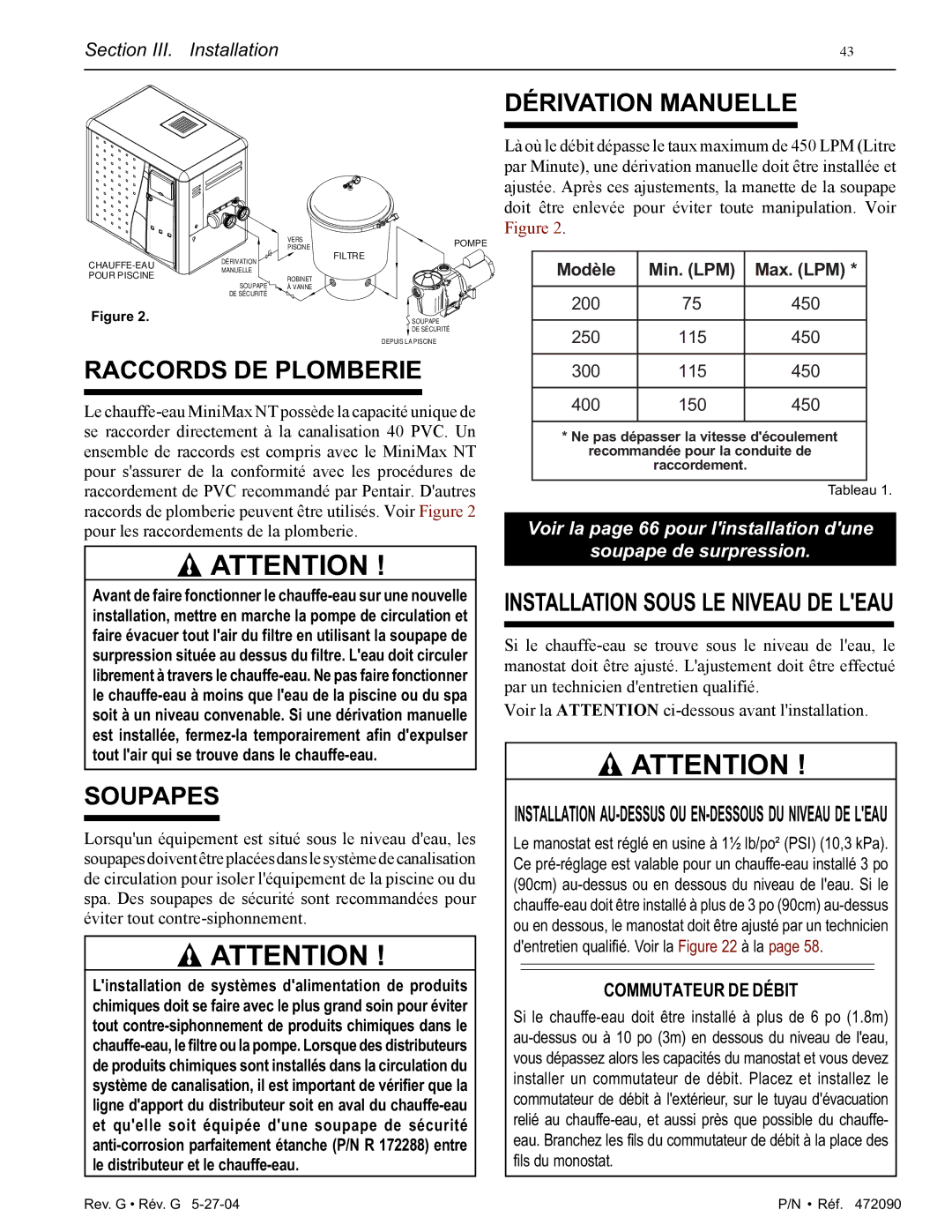 Pentair 200 installation manual Raccords DE Plomberie, Soupapes, Dérivation Manuelle 