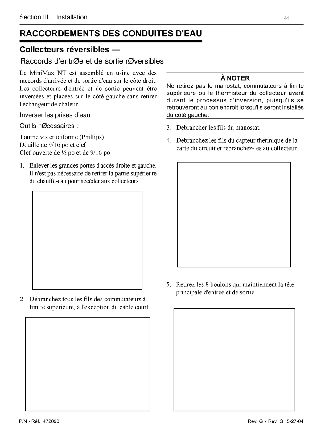 Pentair 200 installation manual Raccordements DES Conduites Deau, Collecteurs réversibles 