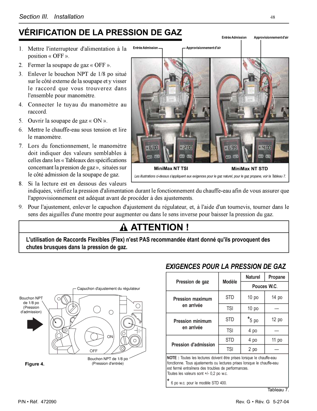 Pentair 200 installation manual Vérification DE LA Pression DE GAZ, Exigences Pour LA Pression DE GAZ 