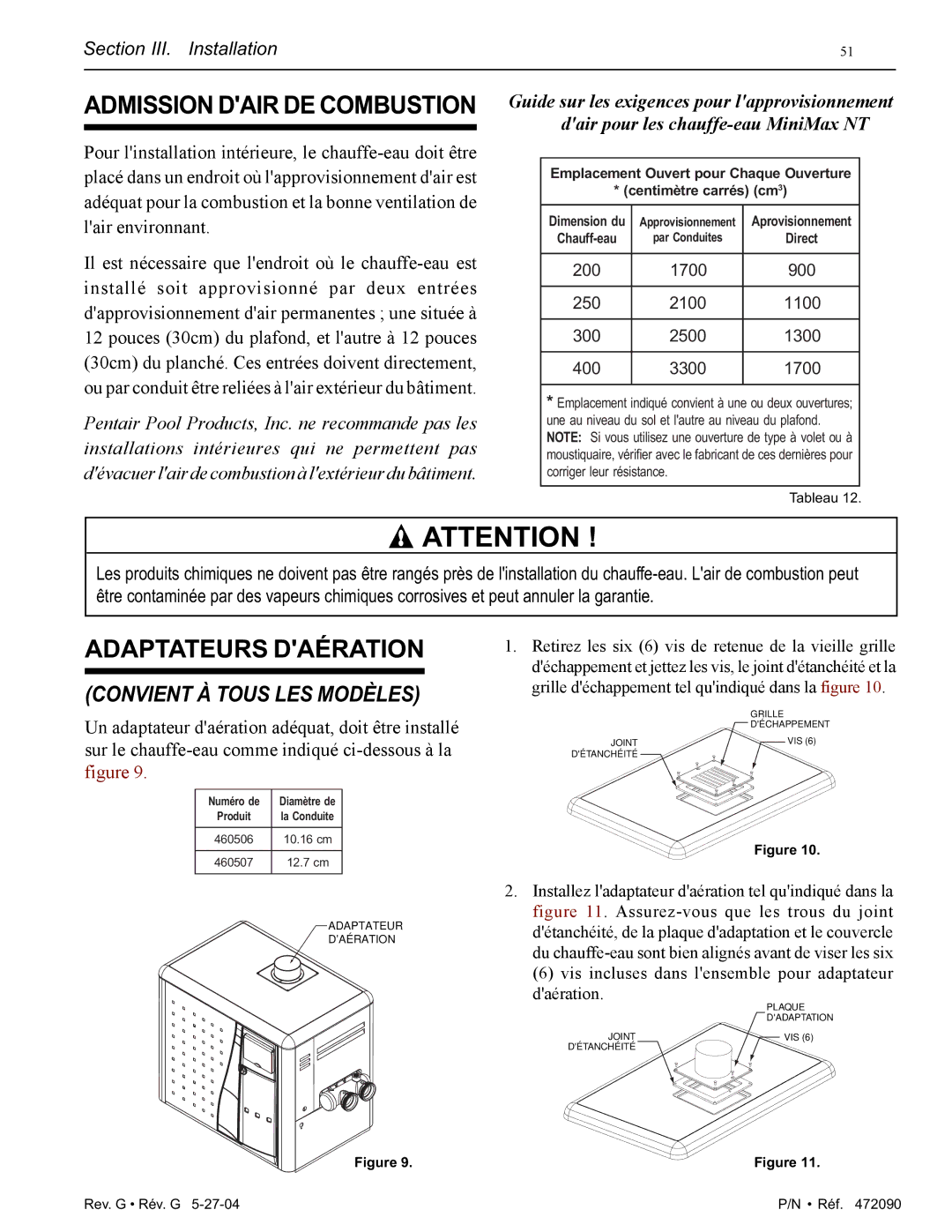 Pentair 200 installation manual Admission Dair DE Combustion, Adaptateurs Daération, Convient À Tous LES Modèles 