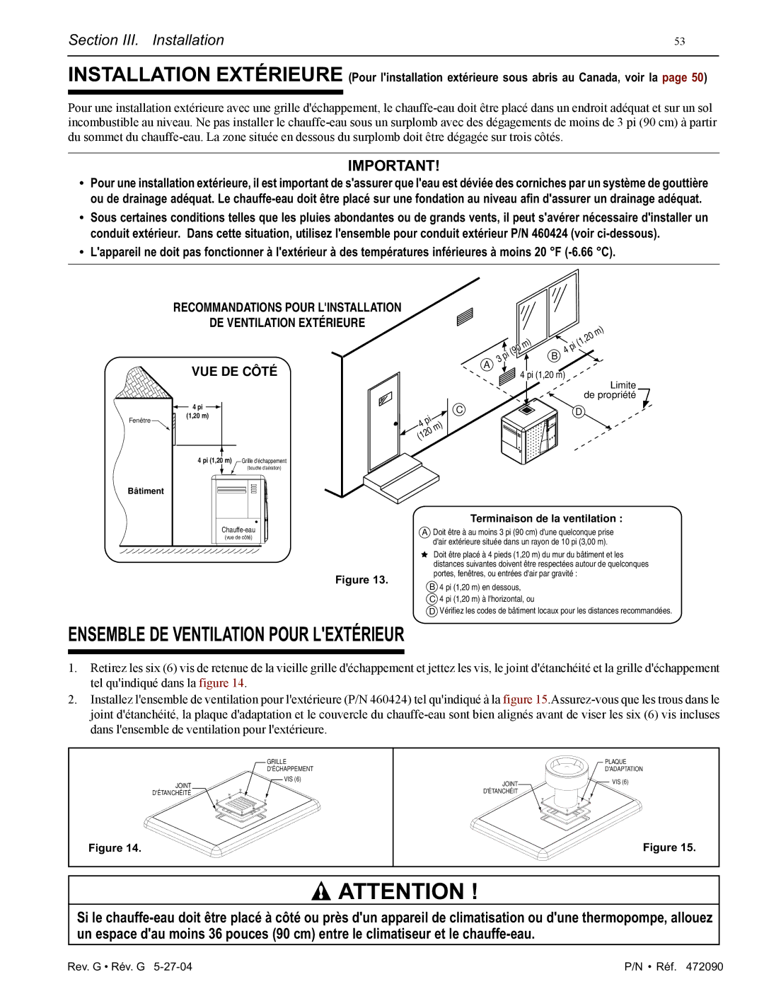 Pentair 200 installation manual Ensemble DE Ventilation Pour Lextérieur, Terminaison de la ventilation 