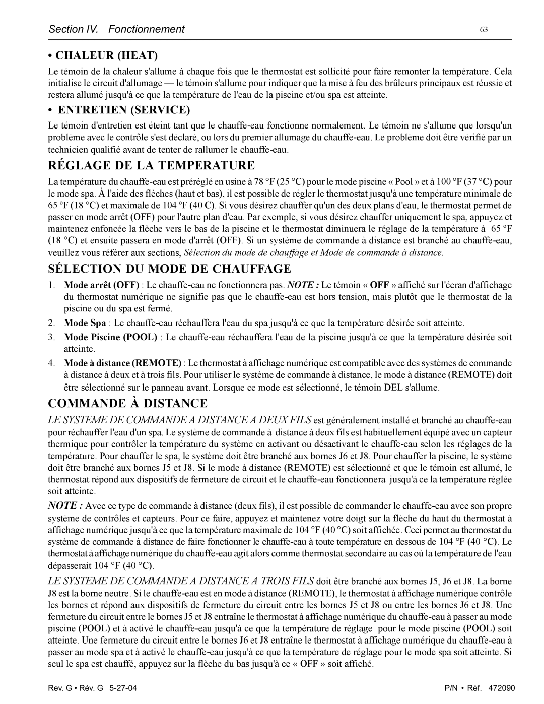 Pentair 200 installation manual Réglage DE LA Temperature 