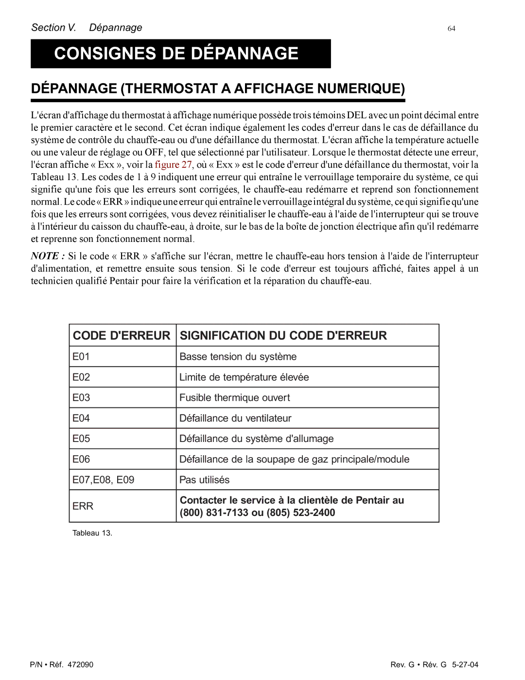 Pentair 200 installation manual Consignes DE Dépannage, Dépannage Thermostat a Affichage Numerique 