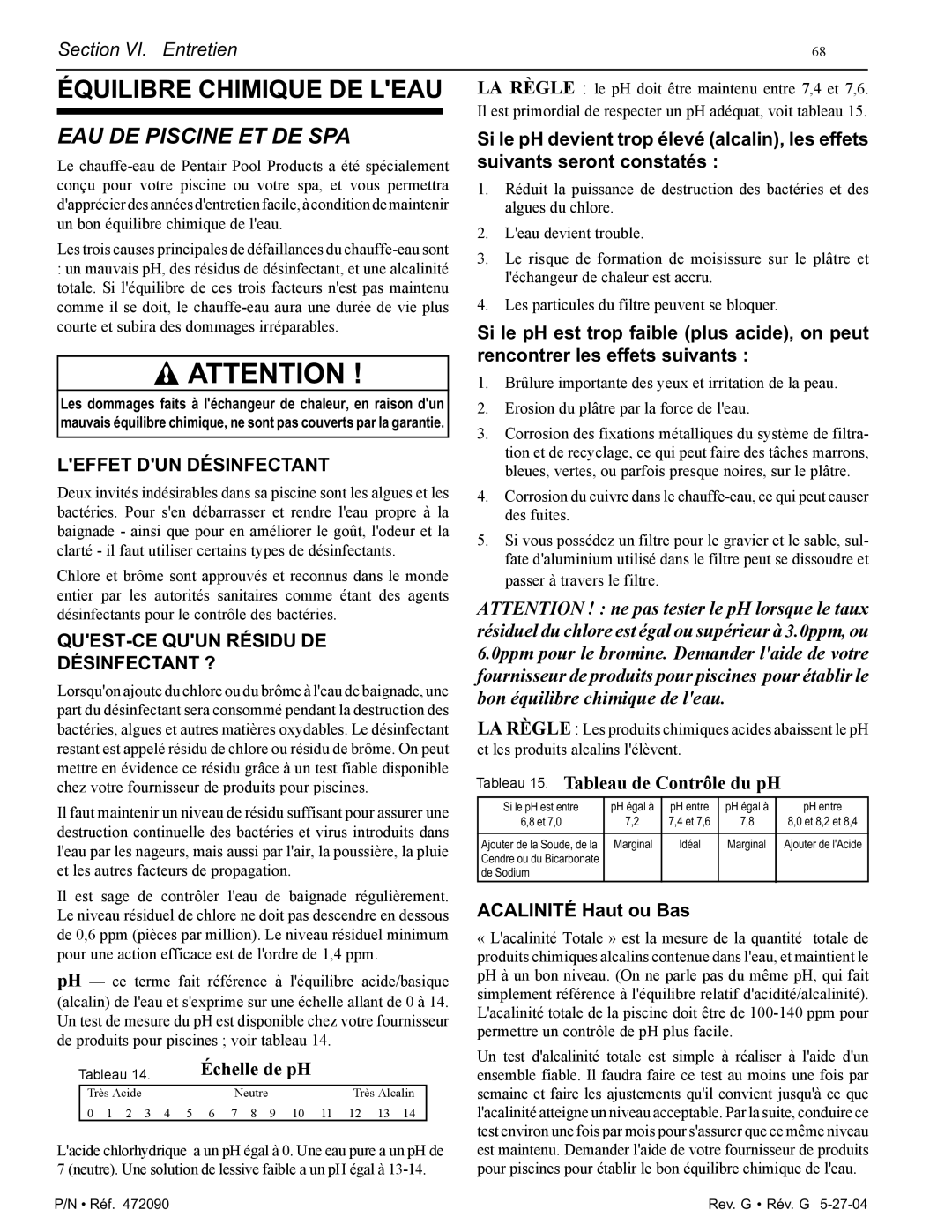 Pentair 200 installation manual Équilibre Chimique DE Leau, EAU DE Piscine ET DE SPA 