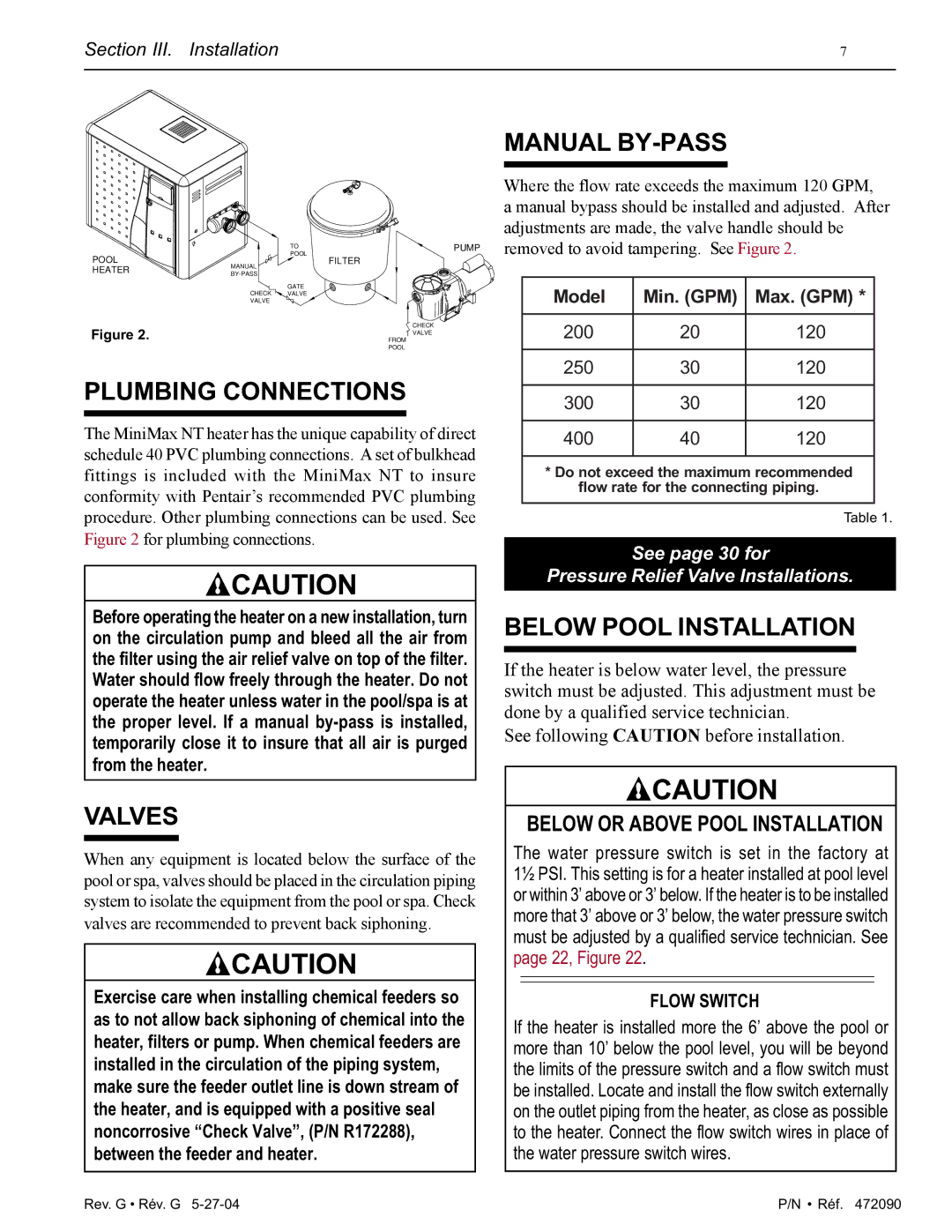 Pentair 200 installation manual Plumbing Connections, Valves, Manual BY-PASS, Below Pool Installation 