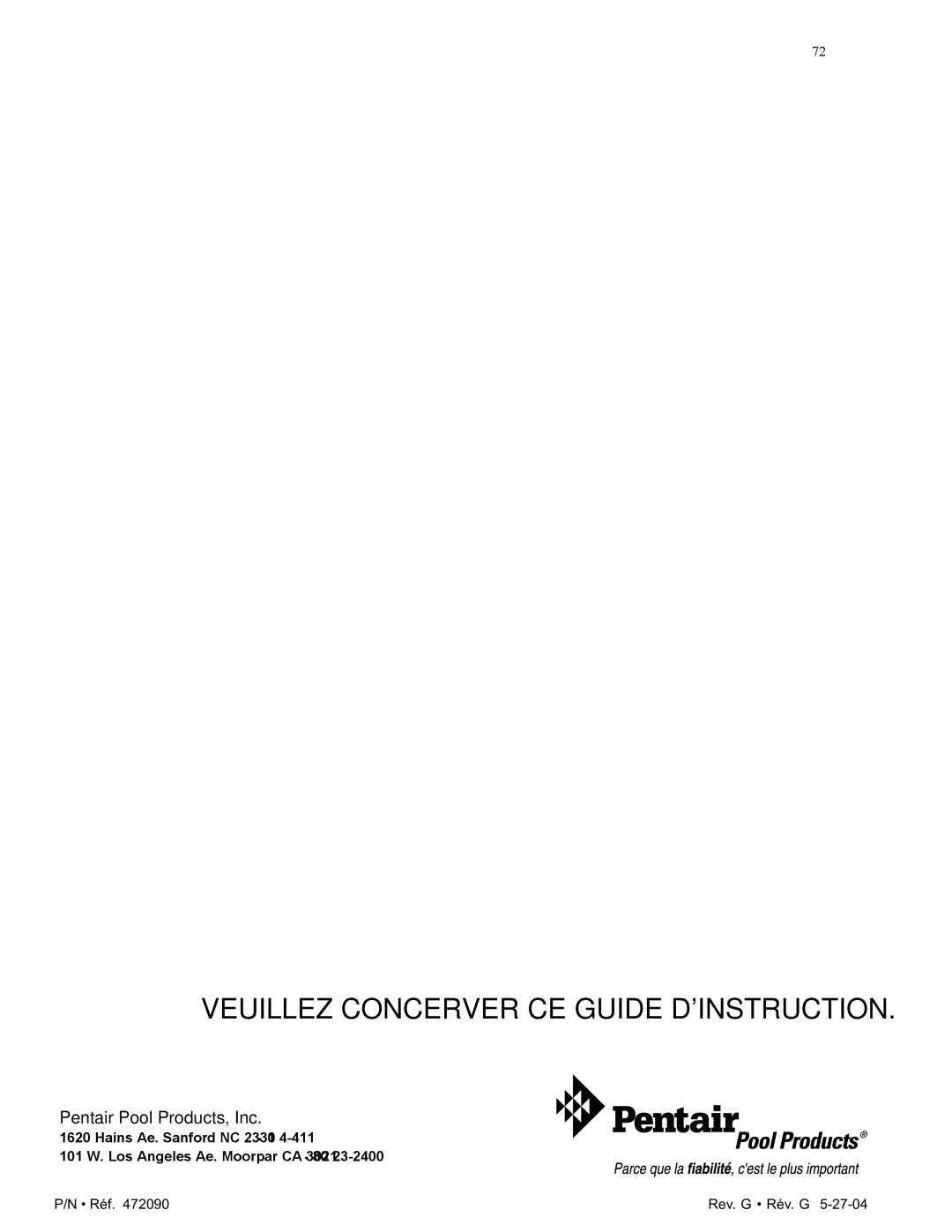 Pentair 200 installation manual Veuillez Concerver CE Guide Dinstruction 