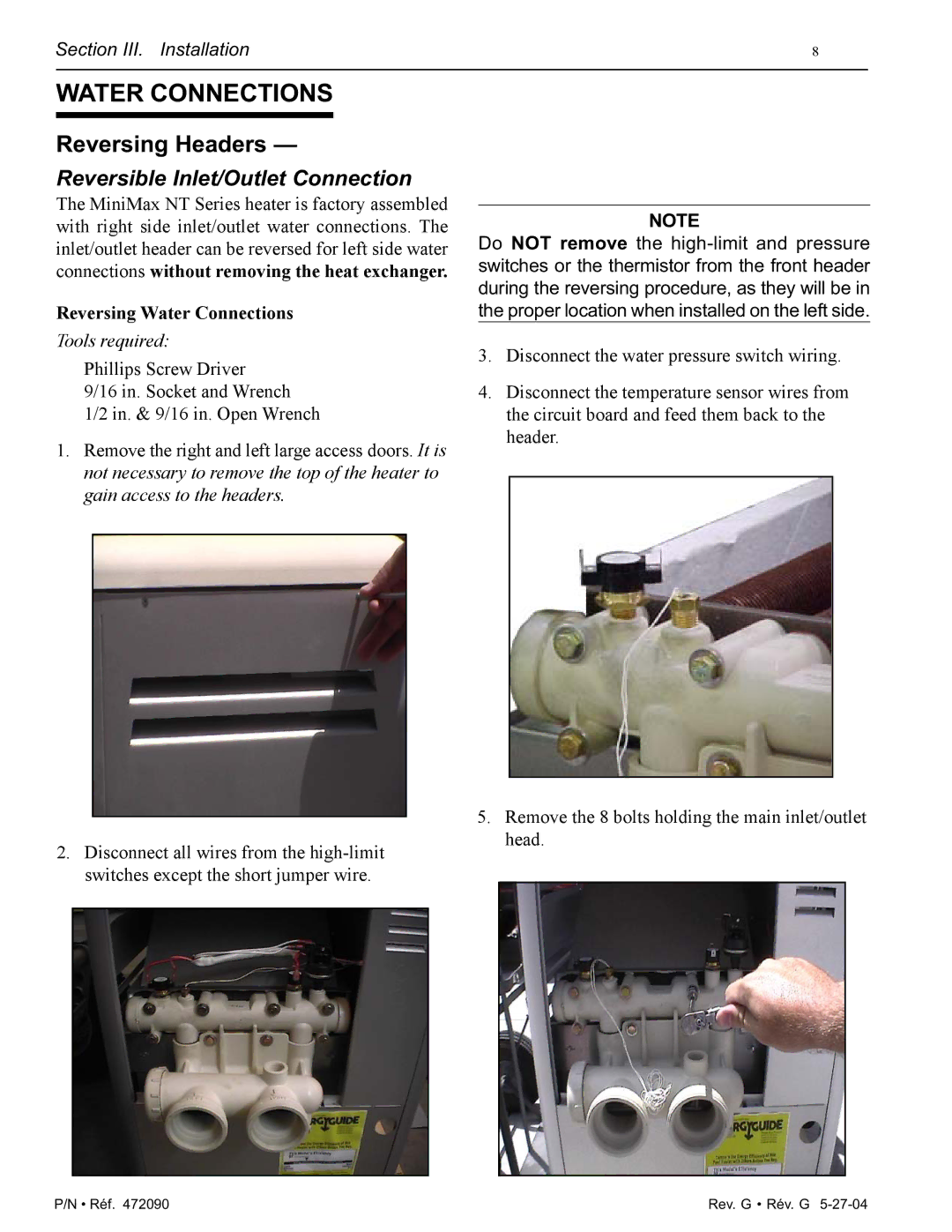 Pentair 200 installation manual Water Connections, Reversing Headers 