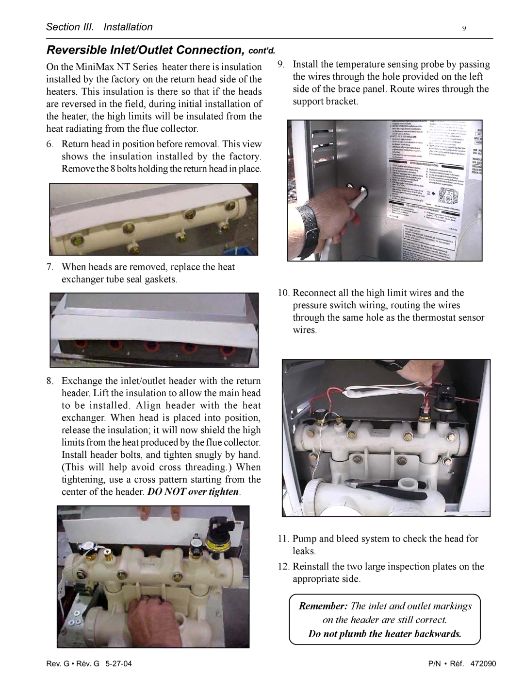 Pentair 200 installation manual Reversible Inlet/Outlet Connection, cont’d 