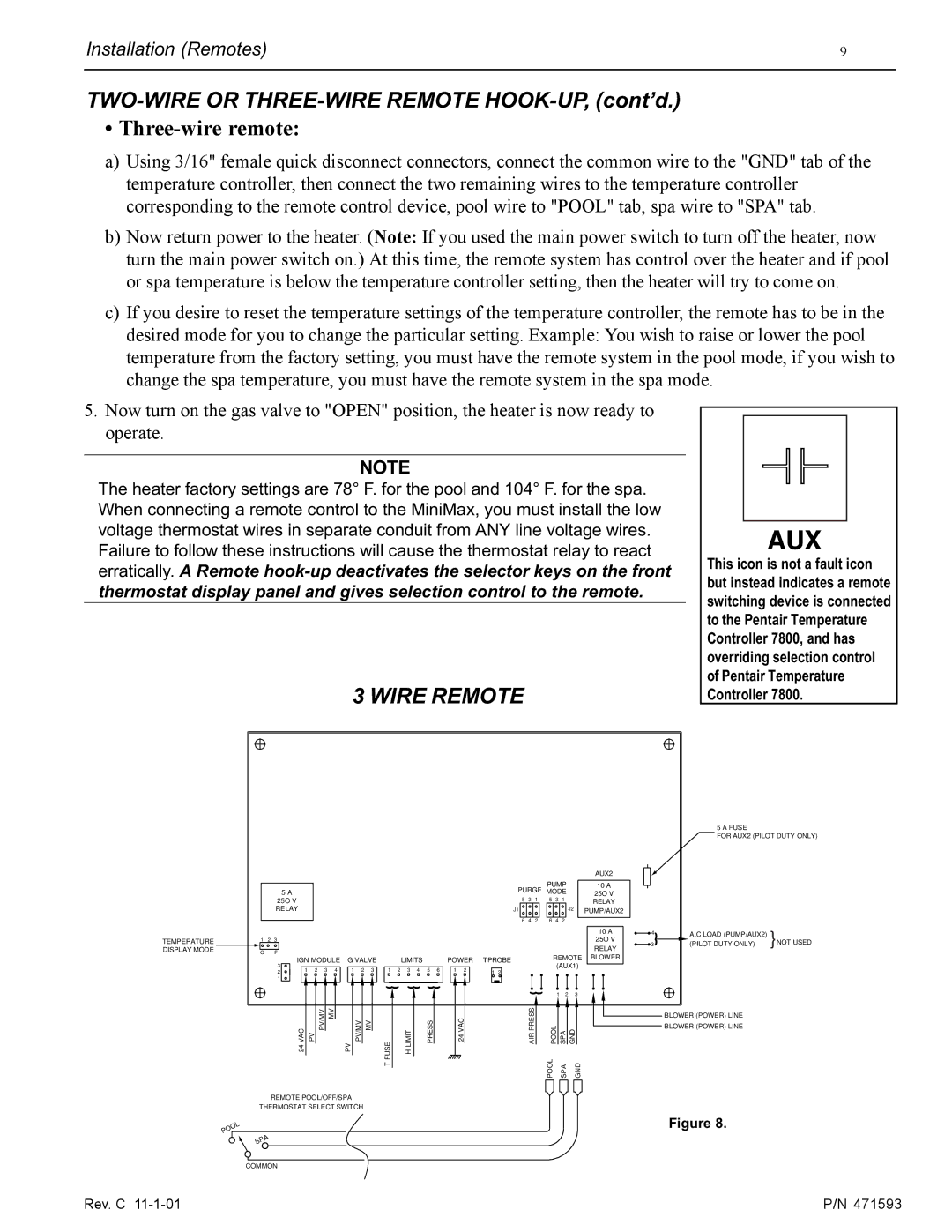 Pentair 300, 250 installation manual Three-wire remote 