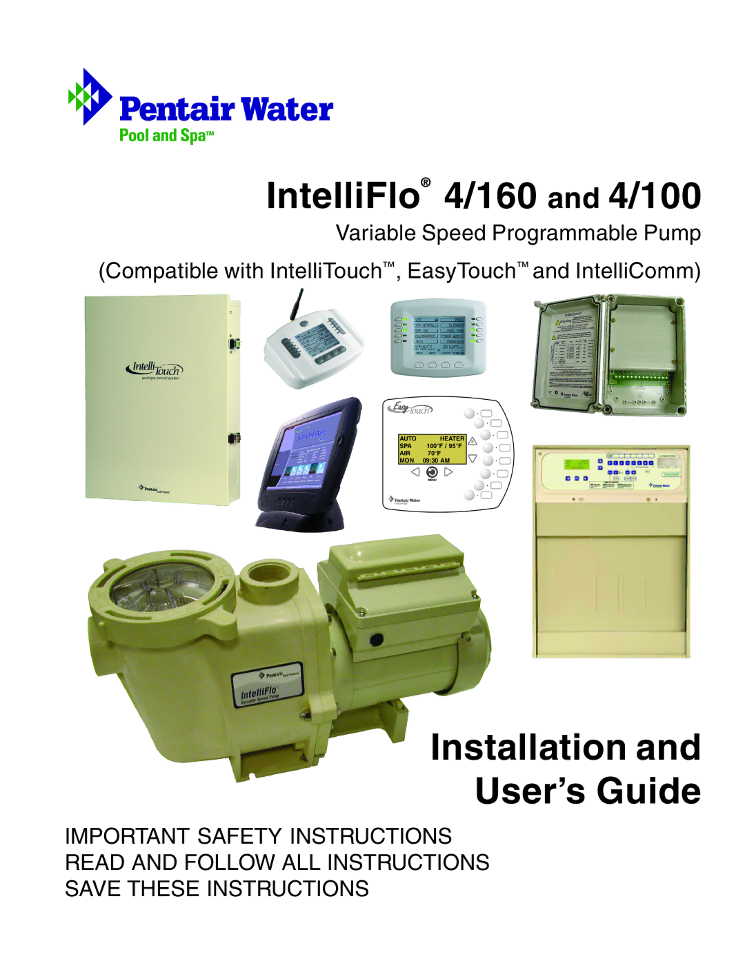 Pentair important safety instructions IntelliFlo 4/160 and 4/100 