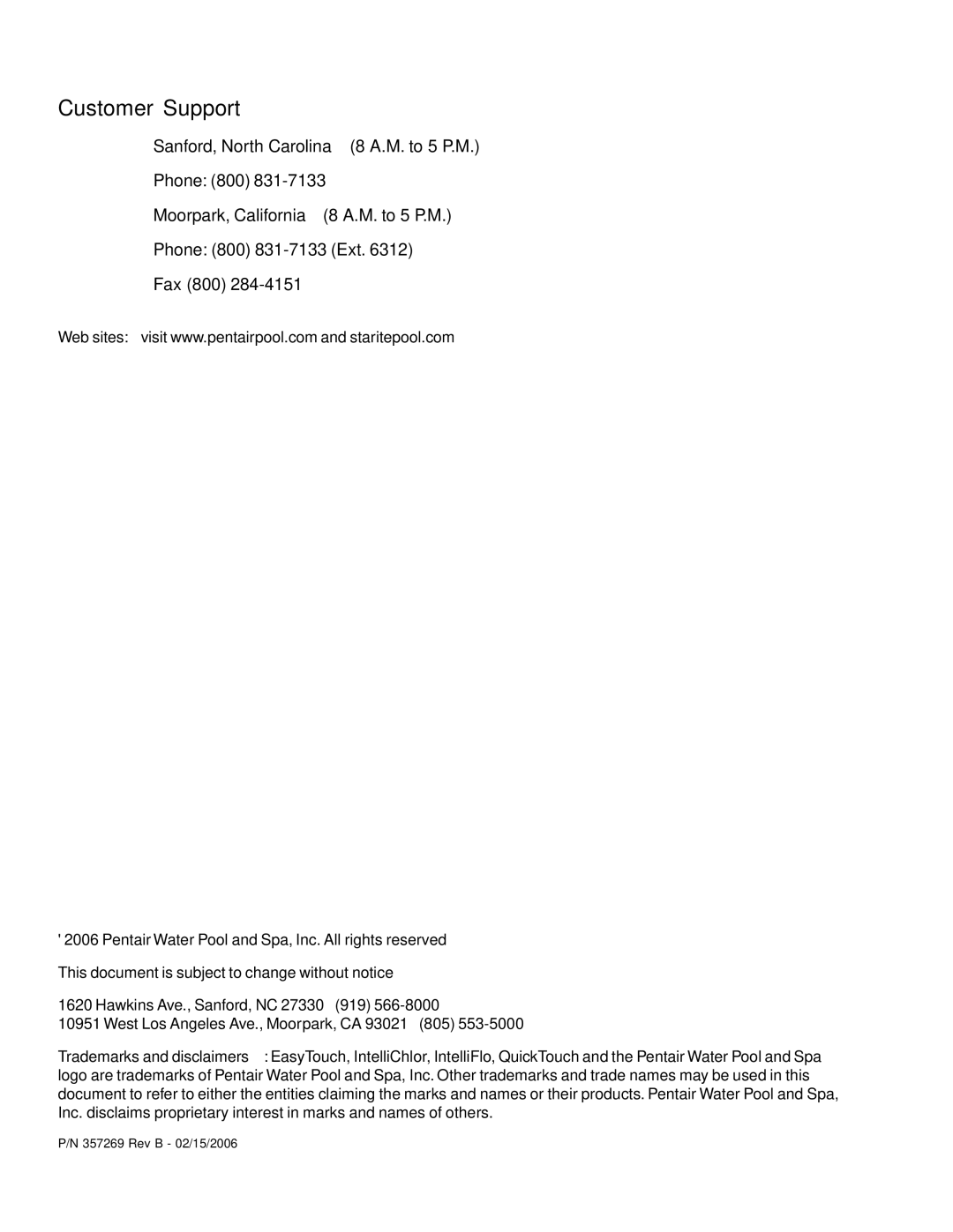 Pentair 4/160, 4/100 important safety instructions Customer Support, Moorpark, California 8 A.M. to 5 P.M 