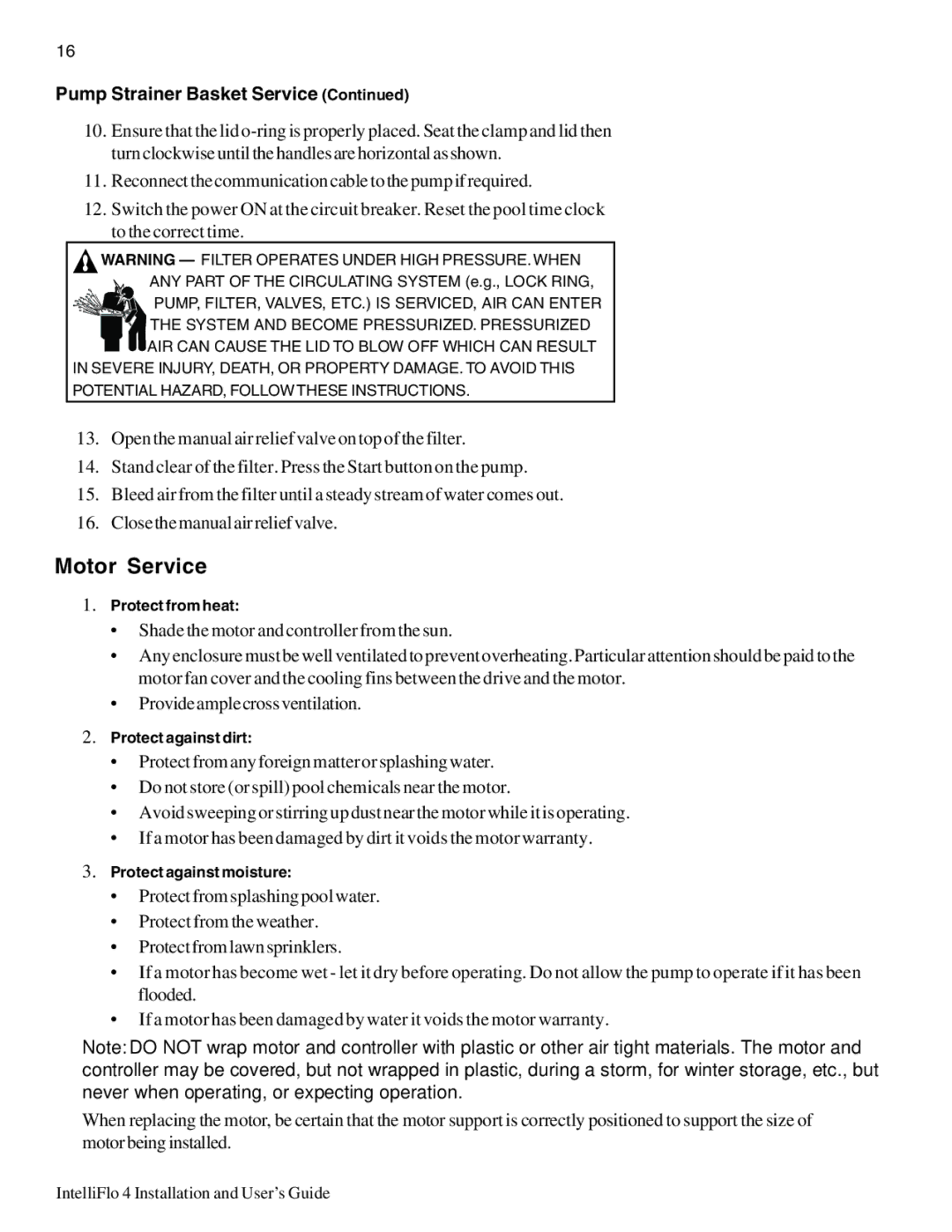 Pentair 4/160, 4/100 important safety instructions Motor Service 