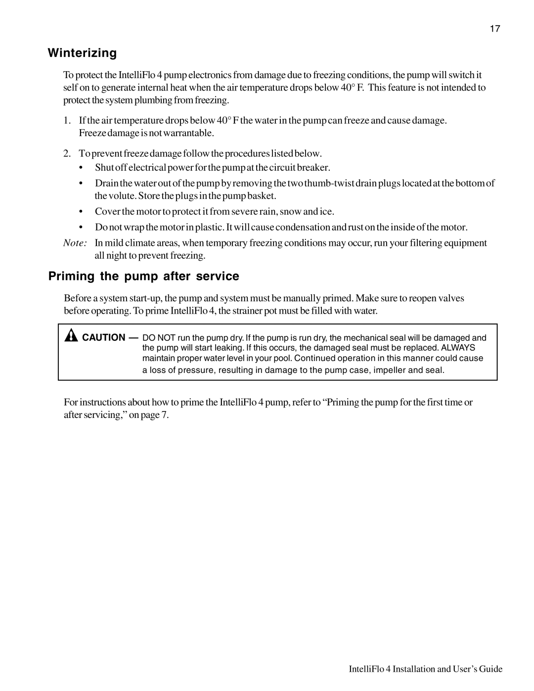 Pentair 4/100, 4/160 important safety instructions Winterizing, Priming the pump after service 